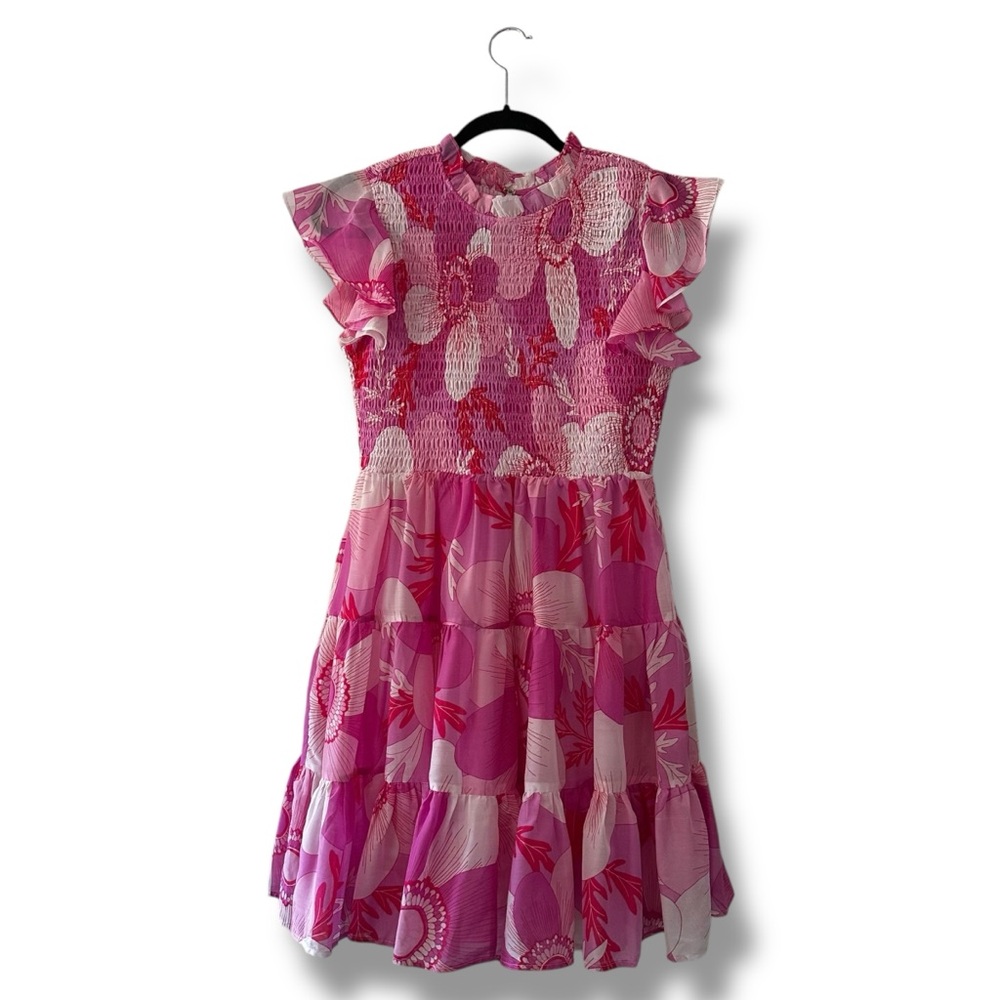 J. Marie Pink Maisie Ruched Mini Dress Floral Flutter Sleeves Resortwear Medium